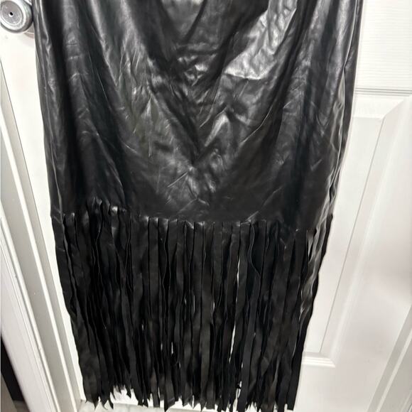 Ashley Stewart Black Faux Leather Fringe Maxi Dress V Neck Size 12 - Picture 3 of 7